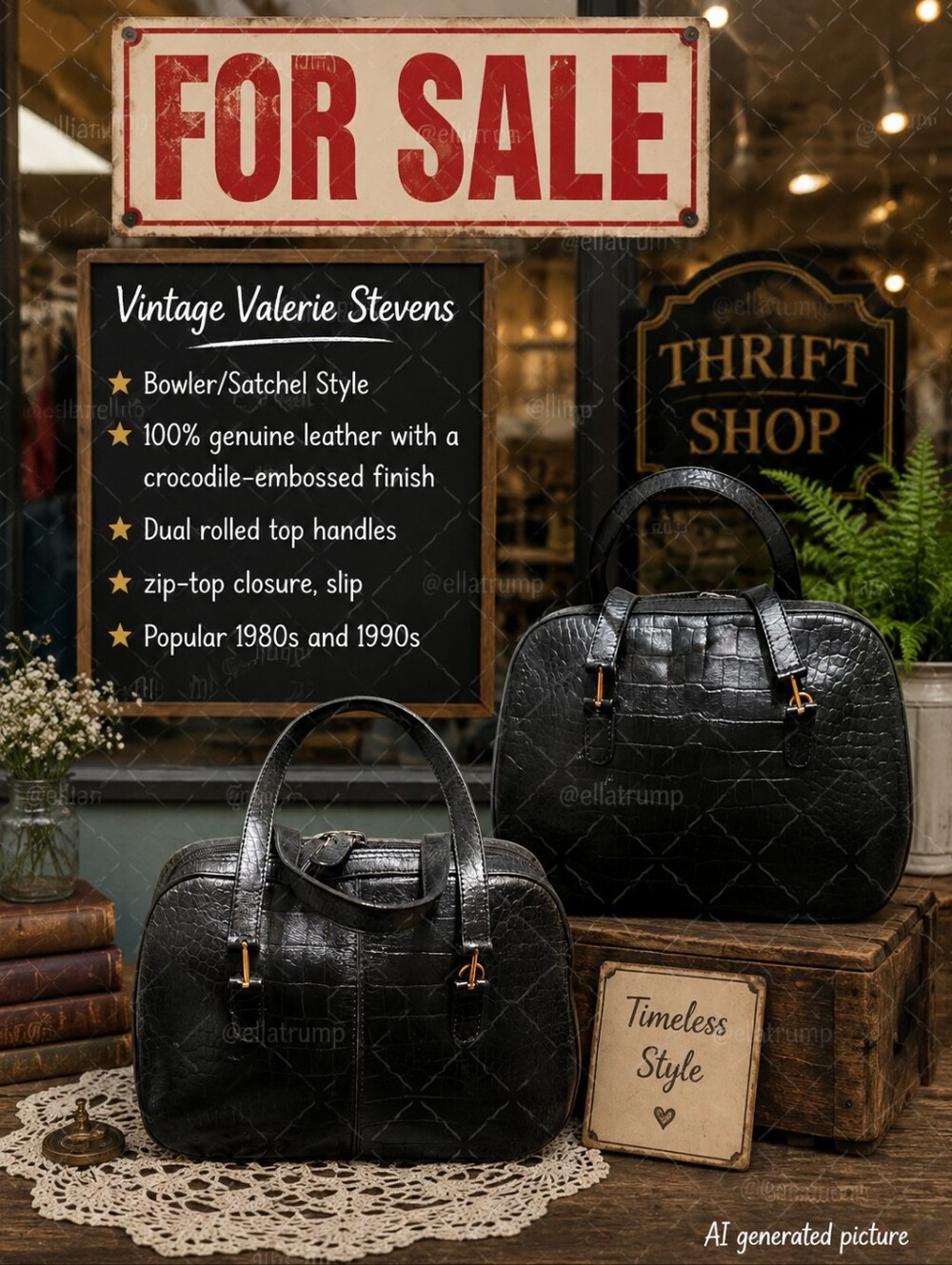 One Vintage Valerie Stevens Satchel Style Croc Embossed Leather Purse 8.5x10x3"